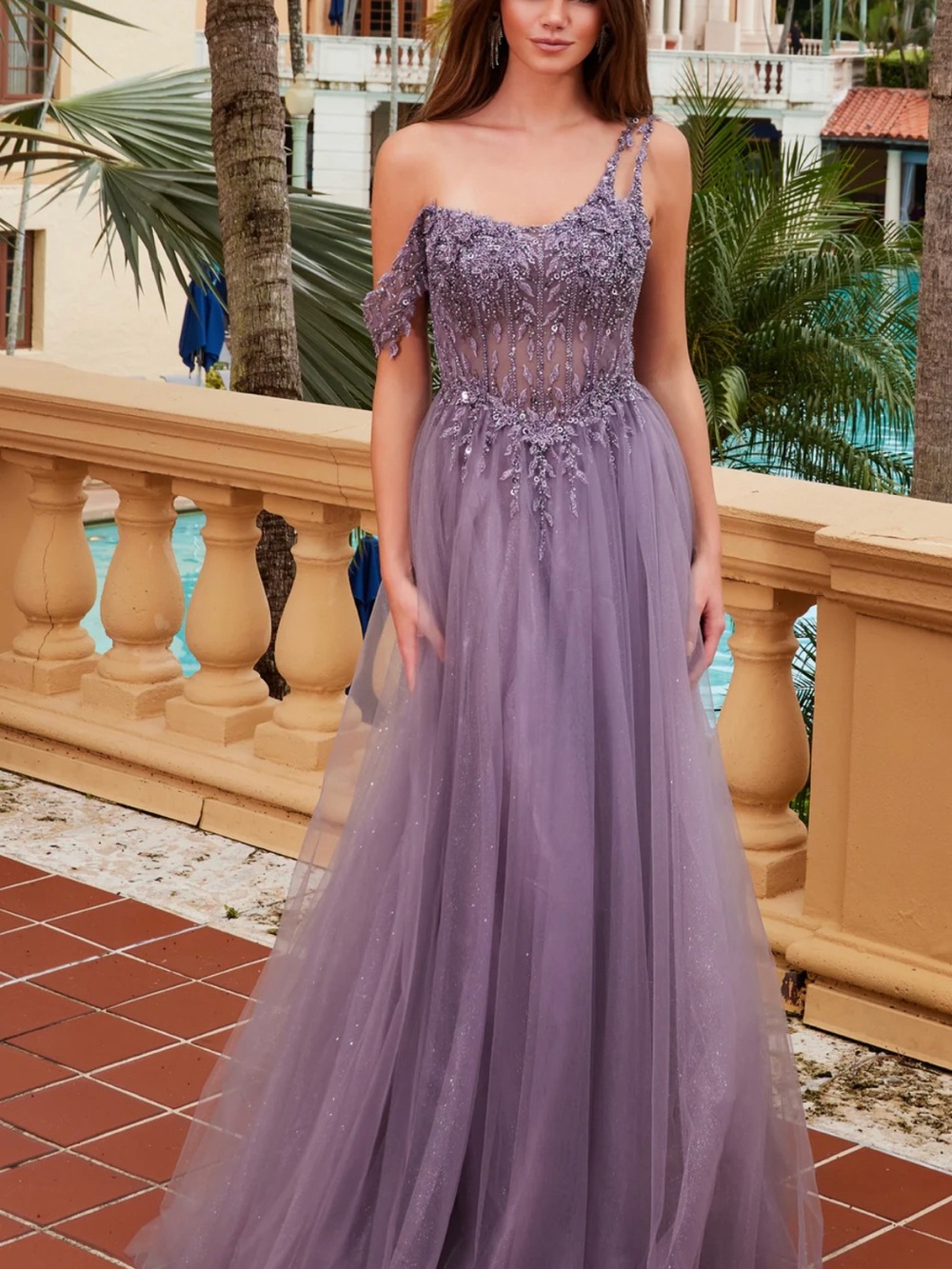 One-Shoulder Lavender Tulle Evening Gown with Embellished Bodice